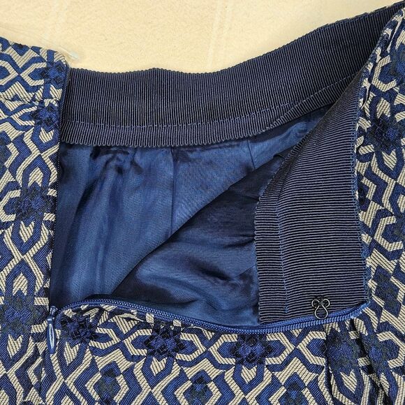 Marella Navy Blue Geometric Print Side Pockets Lined Career Wear Flared Skirt - Picture 6 of 12